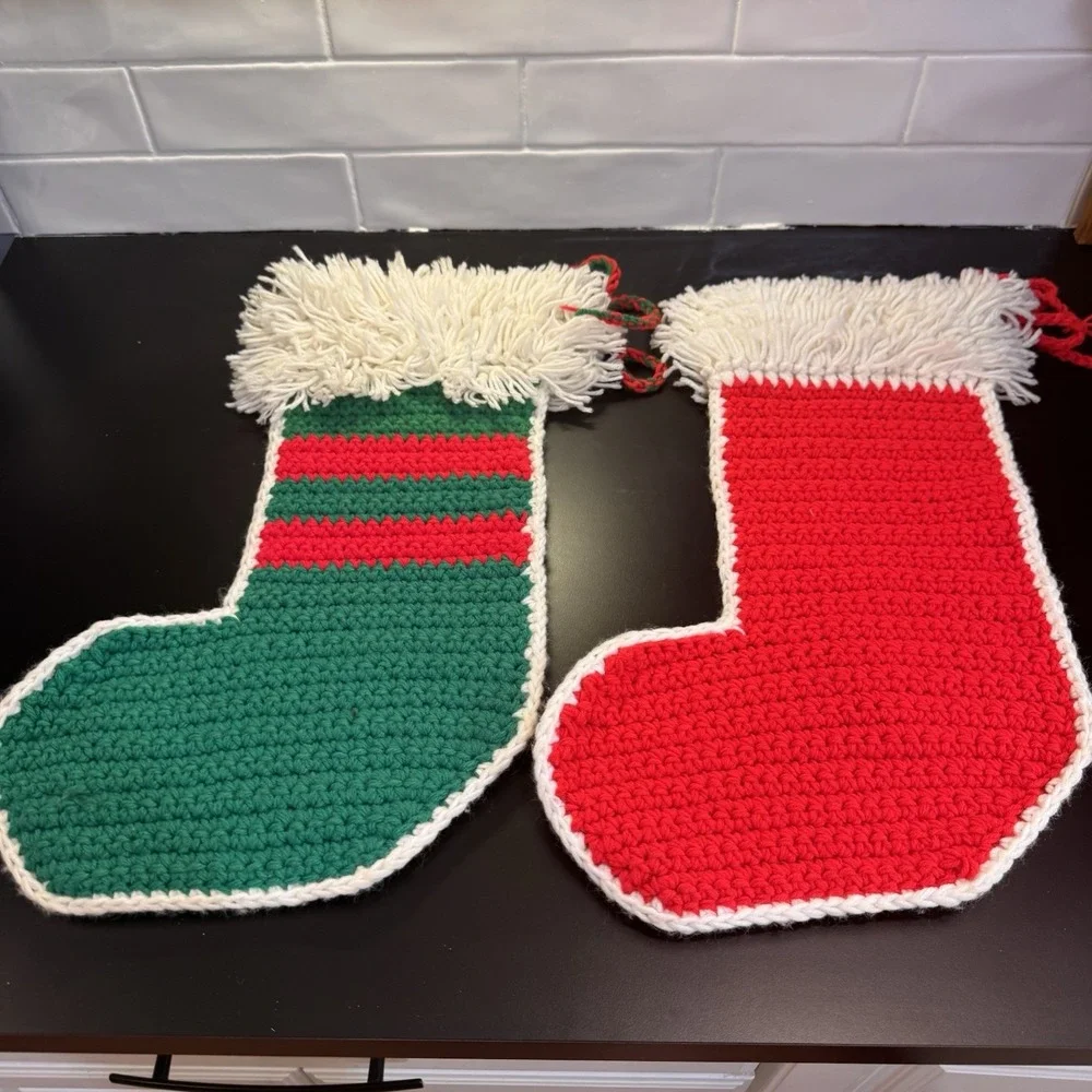Set Of 2 Vintage Christmas Stocking Handmade Crochet Red Green With Fringe Large